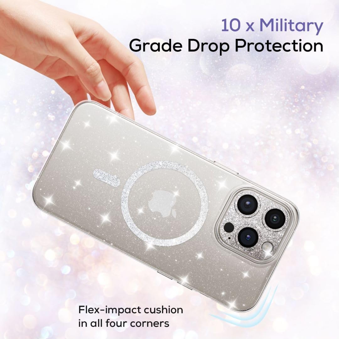 Hoerrye for iPhone 15 Pro Max Case for Women [Compatiable with MagSafe][2 x Glass+ 1 x Metal Camera Lens Protector] PC Hard Glitter Magnetic Cover