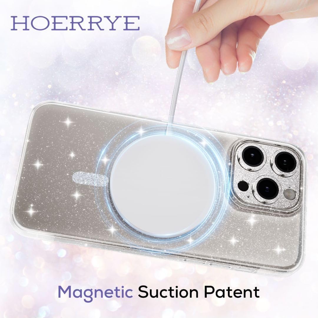 Hoerrye for iPhone 15 Pro Max Case for Women [Compatiable with MagSafe][2 x Glass+ 1 x Metal Camera Lens Protector] PC Hard Glitter Magnetic Cover