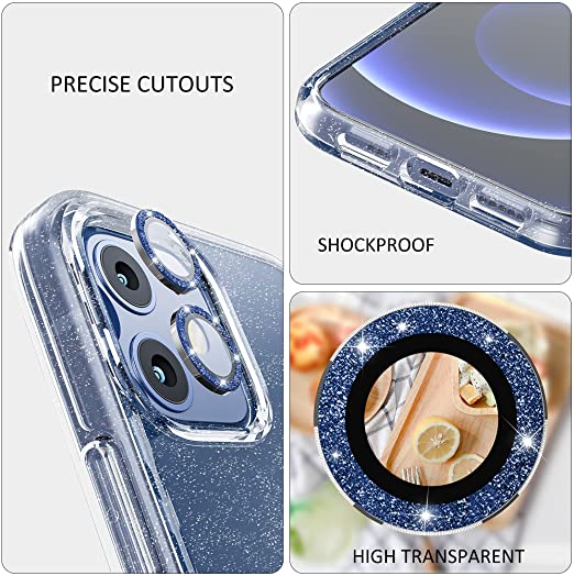 Hoerrye iPhone 12 Phone Case , 2 x Camera Lens Protector- Glitter Blue Lens Cover