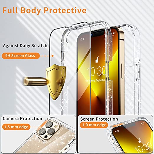 Hoerrye  iPhone 13 Pro Max Case,2 x Tempered Glass Screen Protector-Glitter Clear