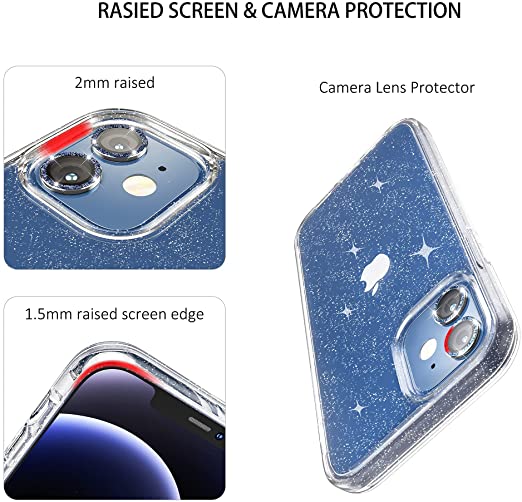 Hoerrye iPhone 12 Phone Case , 2 x Camera Lens Protector- Glitter Blue Lens Cover