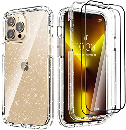 Hoerrye  iPhone 13 Pro Max Case,2 x Tempered Glass Screen Protector-Glitter Clear