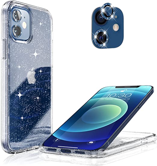 Hoerrye iPhone 12 Phone Case , 2 x Camera Lens Protector- Glitter Blue Lens Cover