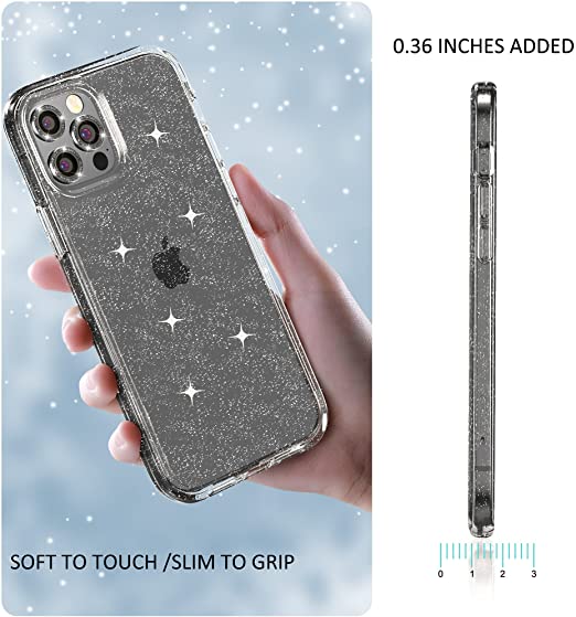 Hoerrye iPhone 12 Pro Phone Case ,3 x Camera Lens Protector- Glitter Black Lens Cover