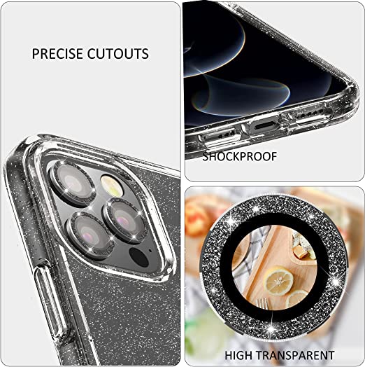 Hoerrye iPhone 12 Pro Phone Case ,3 x Camera Lens Protector- Glitter Black Lens Cover