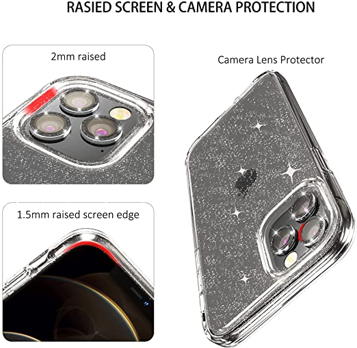 Hoerrye iPhone 12 Pro Phone Case ,3 x Camera Lens Protector- Glitter Black Lens Cover