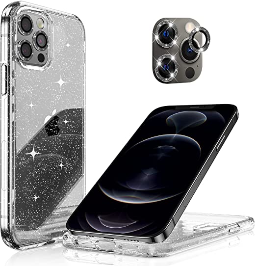 Hoerrye iPhone 12 Pro Phone Case ,3 x Camera Lens Protector- Glitter Black Lens Cover