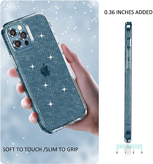 Hoerrye iPhone 12 Pro Phone Case ,3 x Camera Lens Protector- Glitter Blue Lens Cover