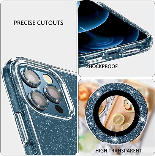 Hoerrye iPhone 12 Pro Phone Case ,3 x Camera Lens Protector- Glitter Blue Lens Cover