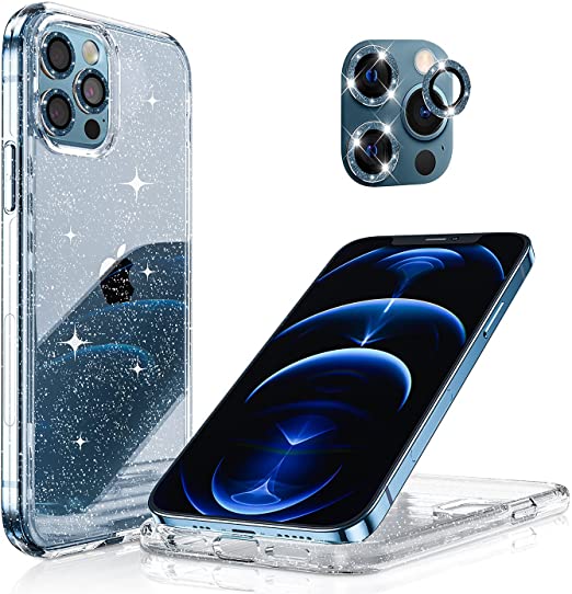 Hoerrye iPhone 12 Pro Phone Case ,3 x Camera Lens Protector- Glitter Blue Lens Cover