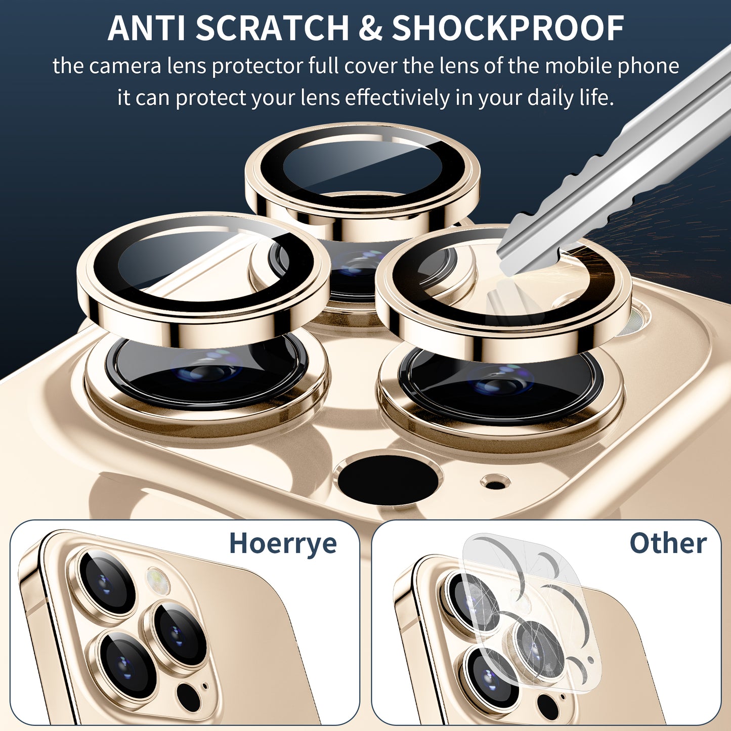 Hoerrye iPhone 14 Pro/iPhone 14 Pro Max Camera Lens Protector Metal Ring Accessories - Gold