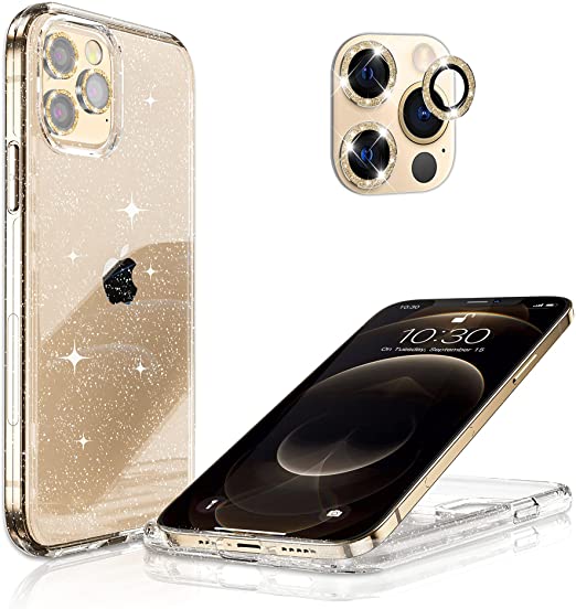 Hoerrye iPhone 12 Pro Phone Case ,3 x Camera Lens Protector- Glitter Gold Lens Cover