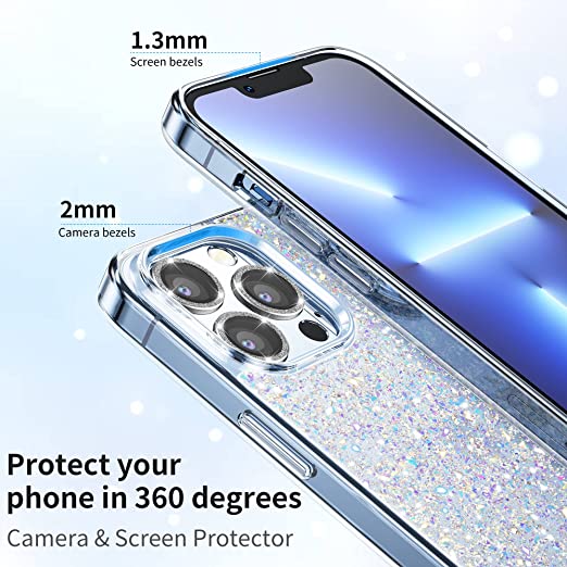 Hoerrye iPhone 13 Pro Max Case, 3 x Camera Lens Protector -Glitter