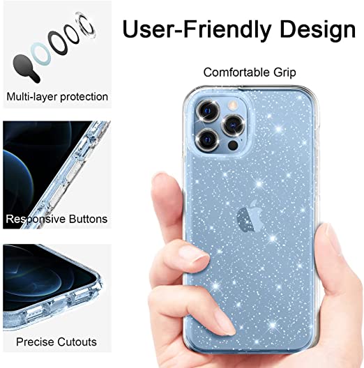 Hoerrye iPhone 13 Pro Case, 3 x Camera Lens Protector-Glitter Clear