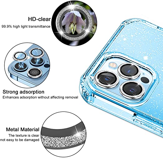 Hoerrye iPhone 13 Pro Case, 3 x Camera Lens Protector -Glitter Sierra Blue