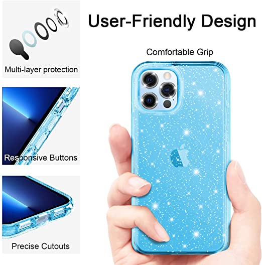 Hoerrye iPhone 13 Pro Case, 3 x Camera Lens Protector -Glitter Sierra Blue