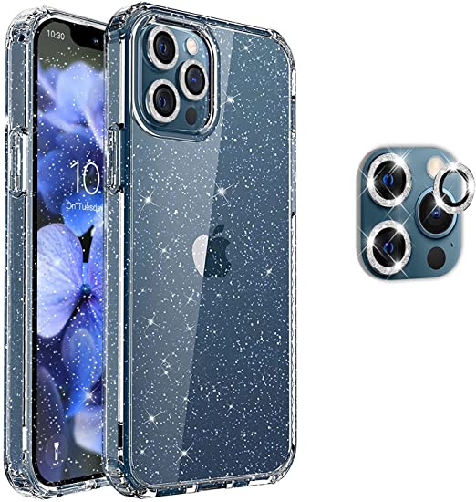 Hoerrye  iPhone 12 Pro Max Phone Case , 3 x Camera Lens Protector- Glitter Clear