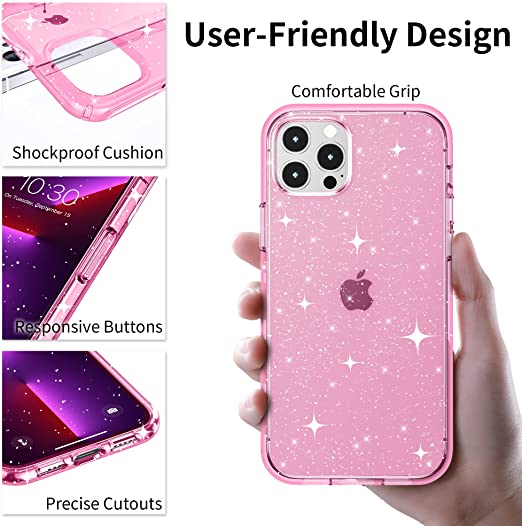 Hoerrye iPhone 13 Pro Max Phone Case for Women Girls -Glitter Pink