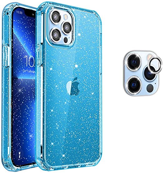 Hoerrye iPhone 13 Pro Case, 3 x Camera Lens Protector -Glitter Sierra Blue