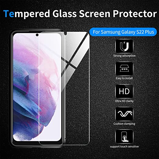 Hoerrye Samsung Galaxy S22 Plus phone case, Tempered Glass Screen Protector-Black