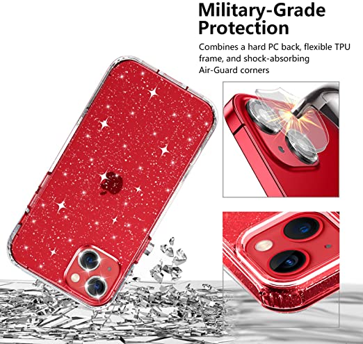 Hoerrye iPhone 13 Case, 2 x Camera Lens Protector-Glitter Clear